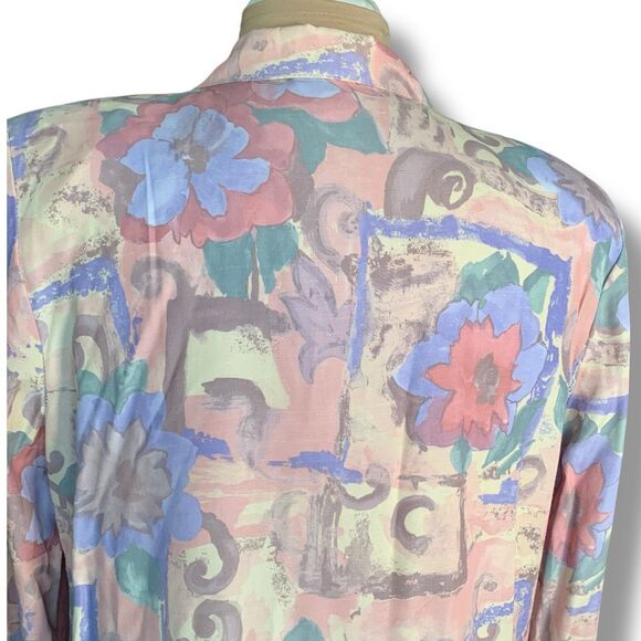 Vintage 90s Oversized Blazer Jacket Pastel Yellow Pink Abstract Floral Statement - Picture 5 of 11
